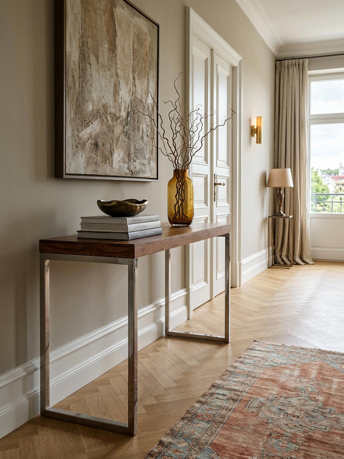 KONSOLENTISCH Massivholz Chromgestell Handgefertigt ISEN, Braun 120x45x77 cm - Silberfarben/Braun, Holz/Metall (45/120/77cm) - KADIMA DESIGN