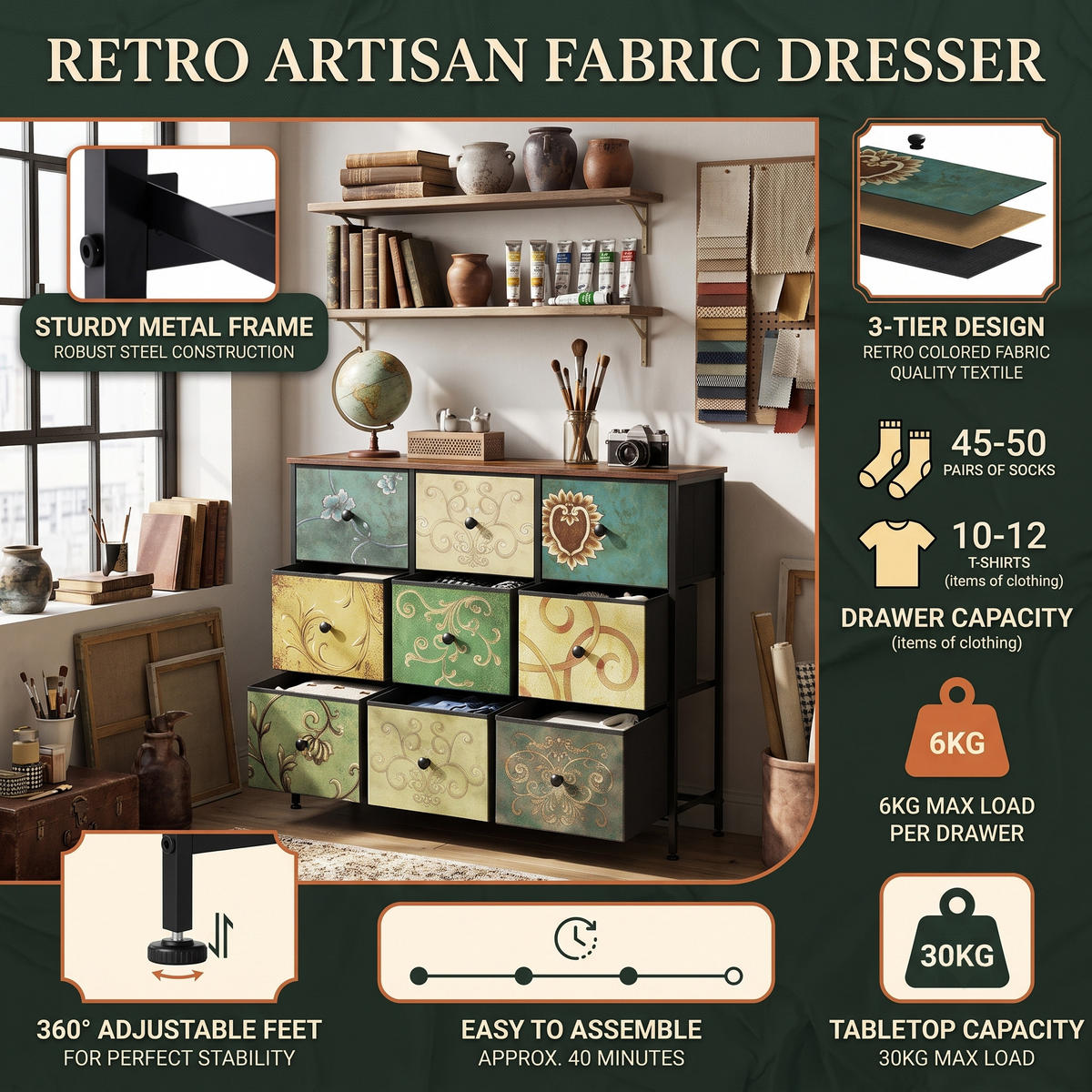 STOFFKOMMODE Vintage mit 9 Schubladen 100/30/86.5 cm Rustikal-Braun - Braun, Holzwerkstoff (100/86.5/30cm) - Creahappy