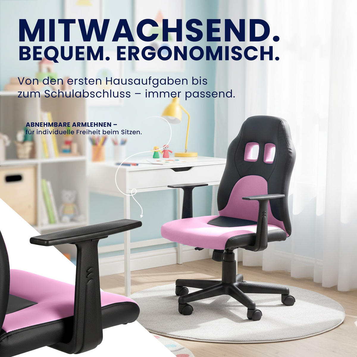 JUGENDDREHSTUHL Lederlook Schwarz/Pink - Pink/Schwarz, Kunststoff/Textil (56/83/59cm) - CLP