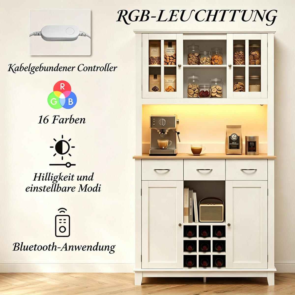 BUFFET DE-38826 100/39,5/180 cm RGB-LED und 9-fach Weinregal Weiß - Weiß, Holzwerkstoff (100/180/39.5cm) - ComfortXL