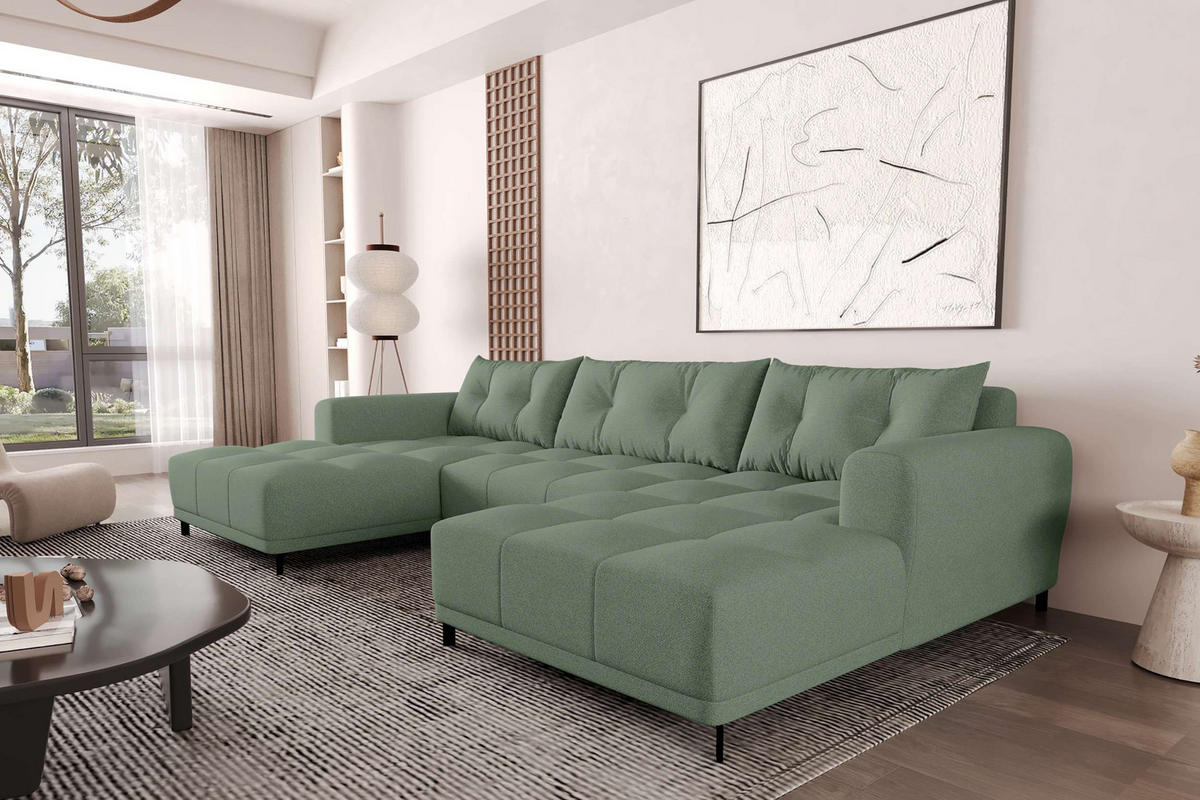 WOHNLANDSCHAFT Strukturstoff Salbeigrün inkl. Schlaffunktion - Salbeigrün/Schwarz, Textil/Metall (348/94/181cm) - 99rooms