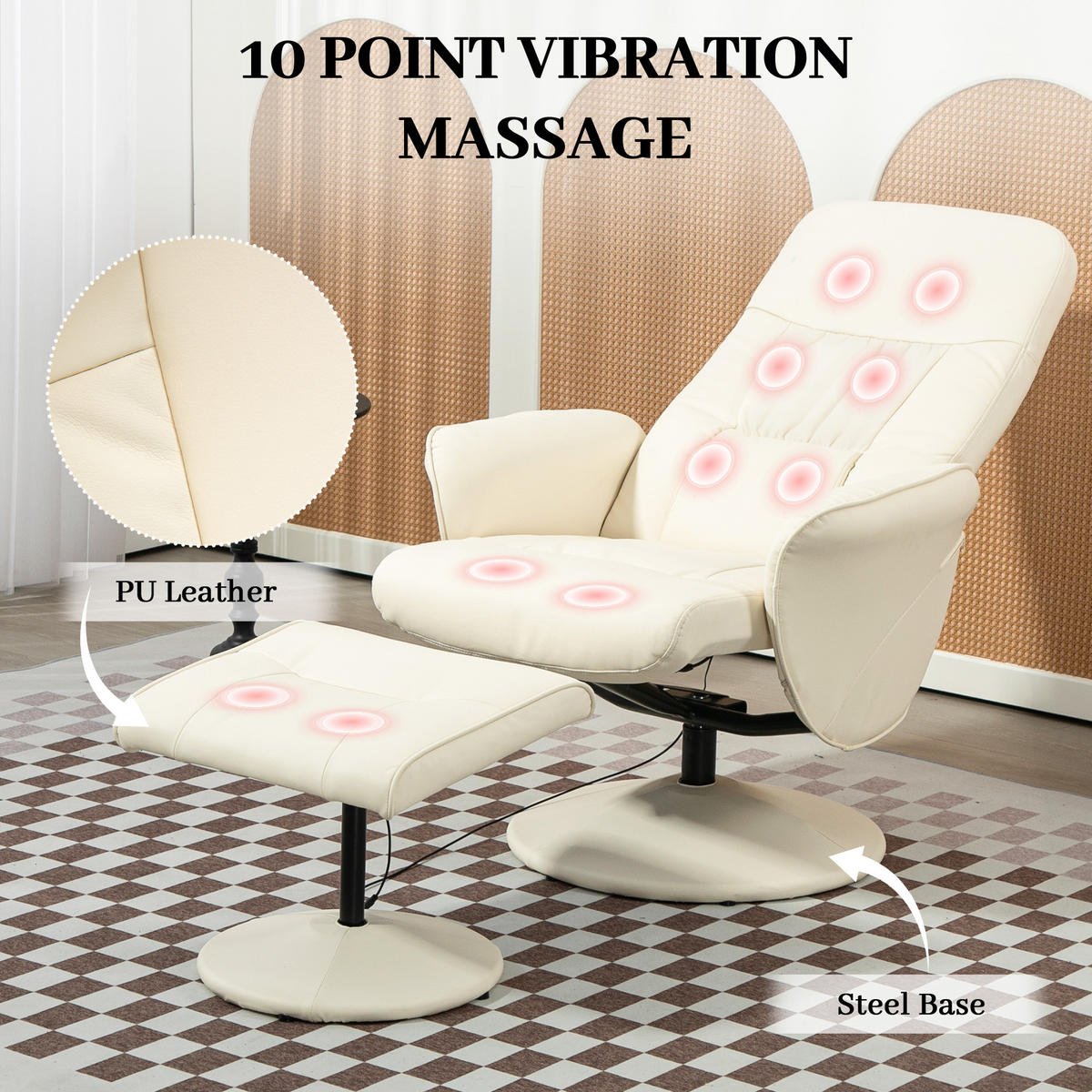 RELAXSESSEL mit Fußhocker, Elektrischer Massagesessel mit Liegefunktion - Creme/Schwarz, Kunststoff/Metall (81/105/76cm) - HOMCOM