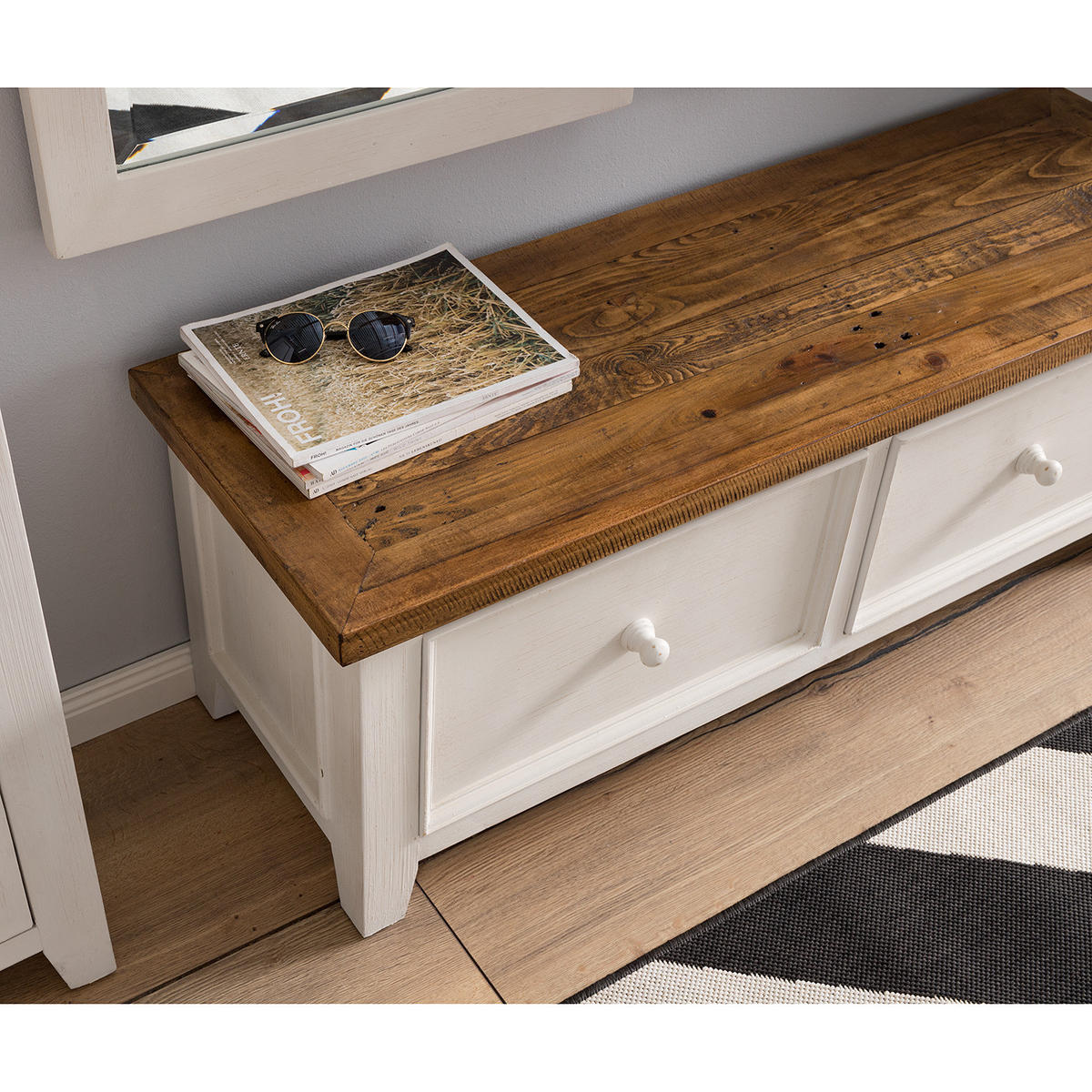 GARDEROBENBANK mit Schubladen - Kiefer massiv - Kiefer / Weiß - Weiß, Holz (120/45/40cm) - home24