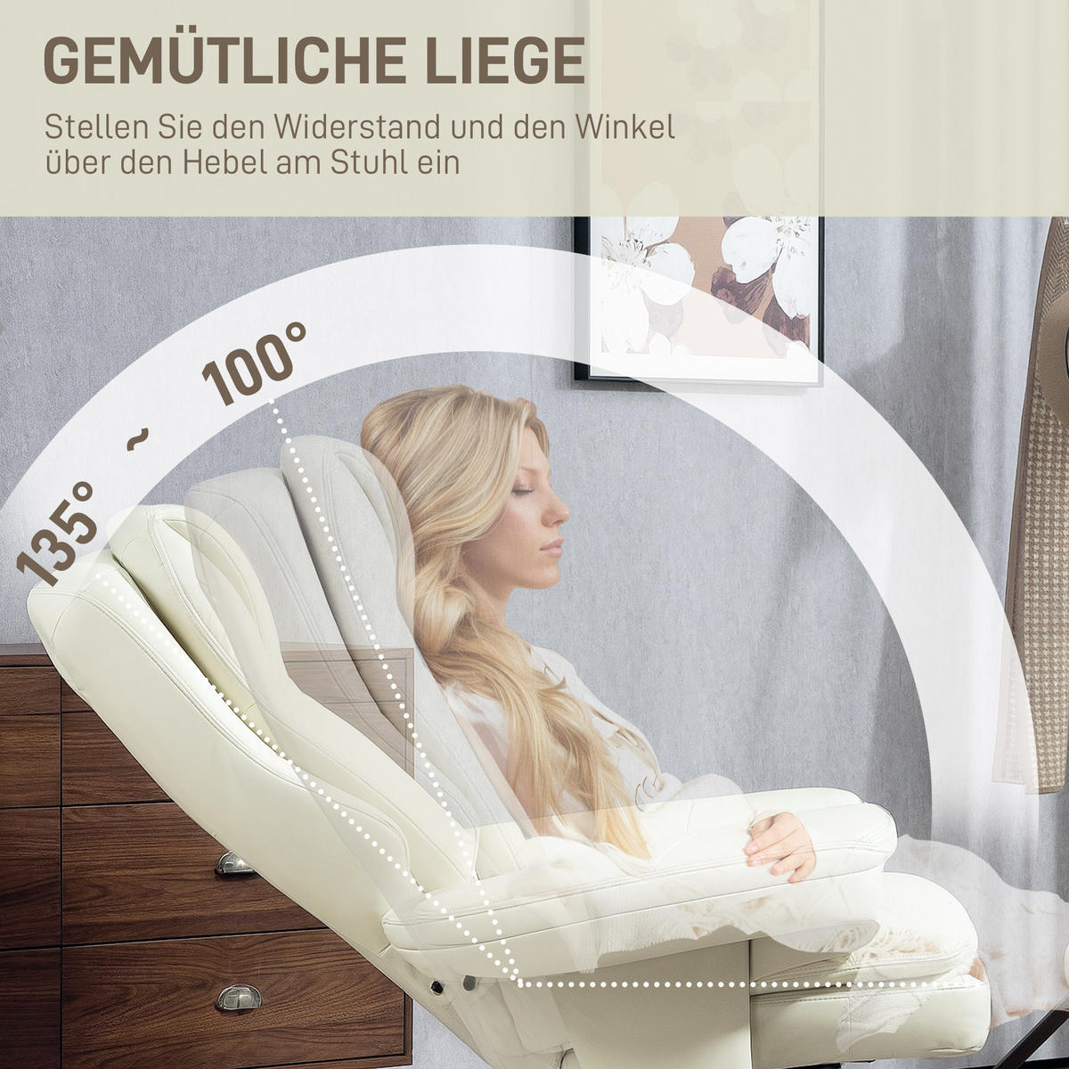 RELAXSESSEL mit Hocker, Liegesessel bis 150 kg, Cremeweiß - Beige, Leder (98/104/94cm) - HOMCOM