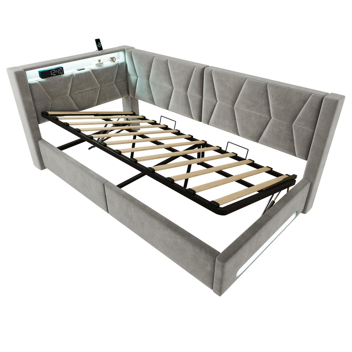 POLSTERBETT 90/200 cm in Dunkelgrau mit Bettkasten, LED, USB und Type-C, Samt und Metall - Grau, Holzwerkstoff/Textil (90/200cm) - STILVORA
