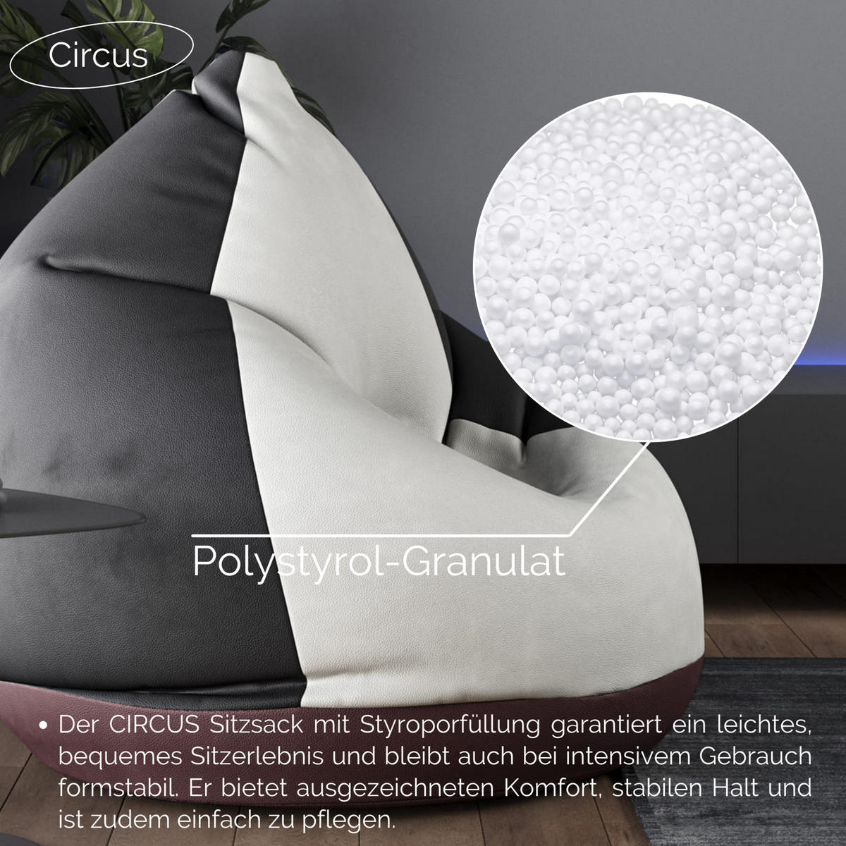 SITZSACK Circus - Weiß + Schwarz + Grau - Weiß, Kunststoff (96/100/96cm) - Möblo