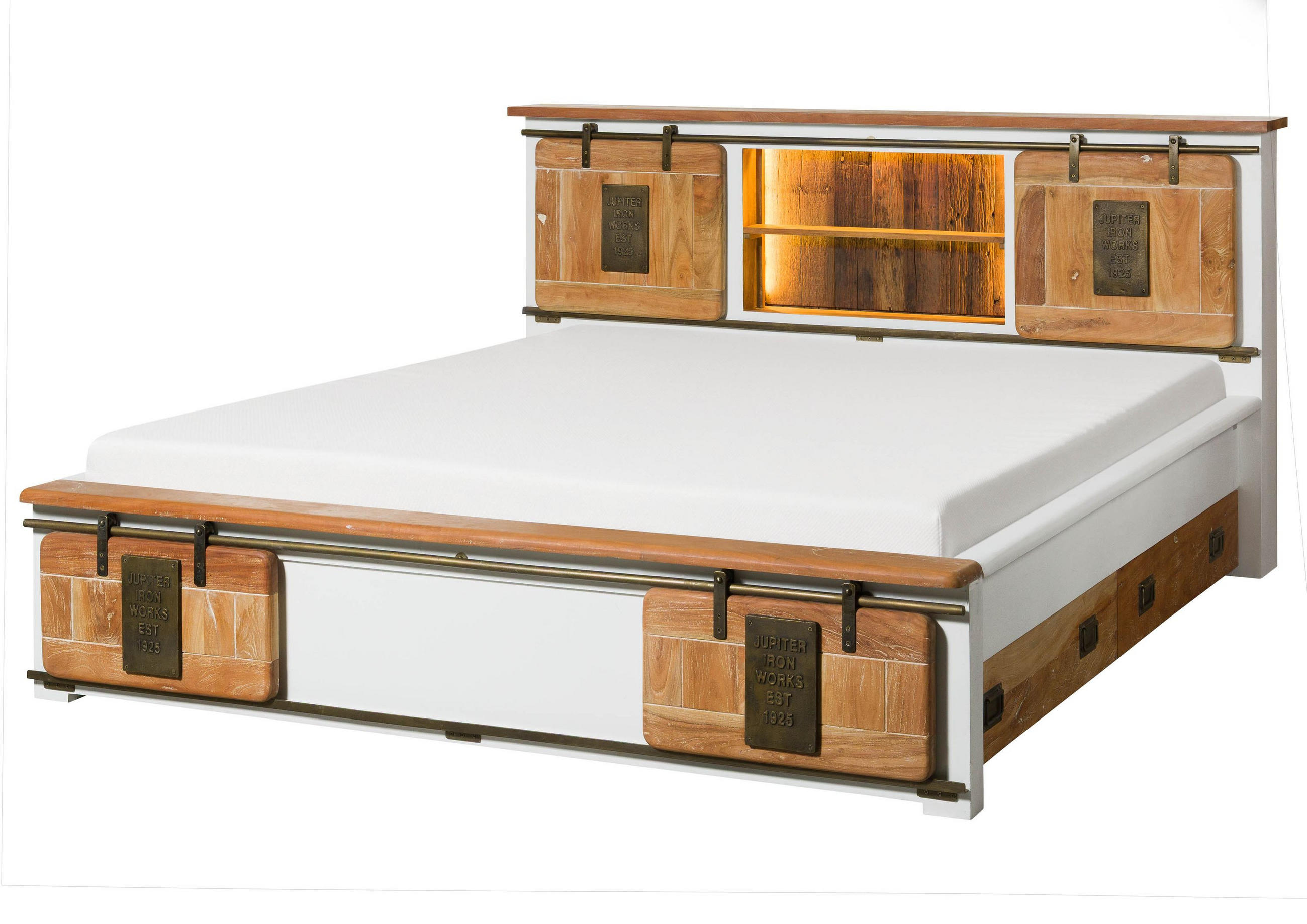 BETT mit Schublade Massivholz Mango / Altholz 180 x 200 x 107 weiß RAILWAY LUX #509 - Weiß, Holz (180/200cm) - Massivmoebel24