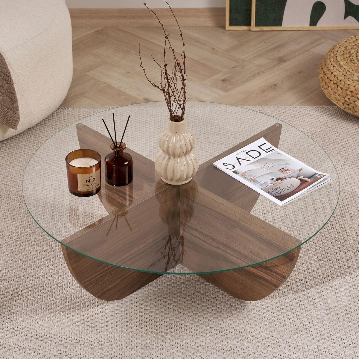 COUCHTISCH mit Glasplatte Nina 90/90/30 cm - Naturfarben, Holzwerkstoff (98/90/30cm) - Calicosy