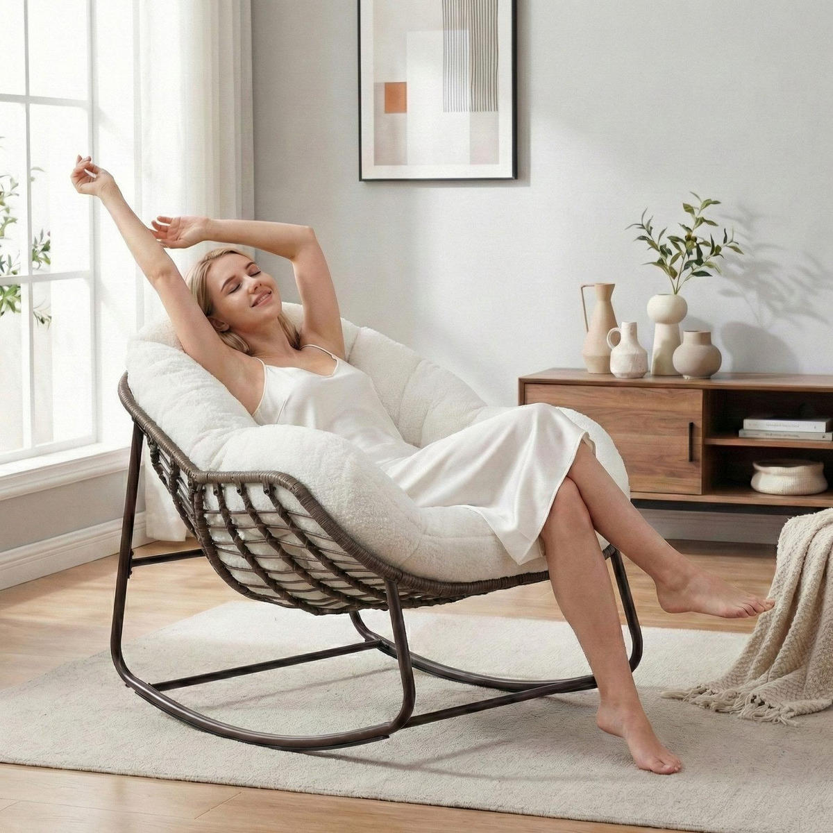 SCHAUKELSTUHL Schaukelsessel,Rattanstuhl mit Stahlrahmen,Weiß-Fleece - Weiß, Metall (94.5/80/111cm) - LVHOM