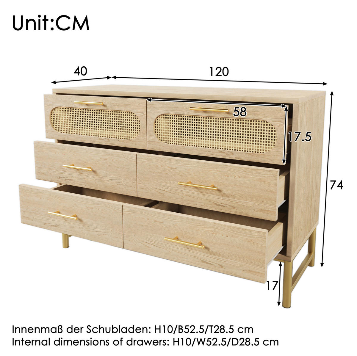 KOMMODE aus Spanplatte und Metall 40x120x74 cm Sonoma Eiche mit 6 Schubladen, Rattanoptik und Kippsicherung - Eichefarben, Metall (120/74/40cm) - Modfu