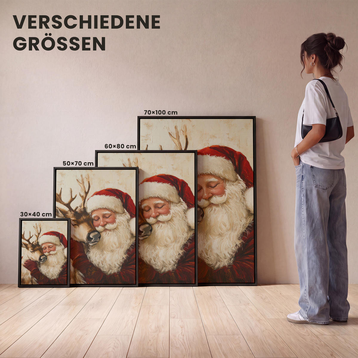 LEINWAND Bilder mit Rahmen - Weihnachtsmann - Rentier - Weihnachten - 60x80 - Rotbraun, Textil (60/80cm) - MuchoWow