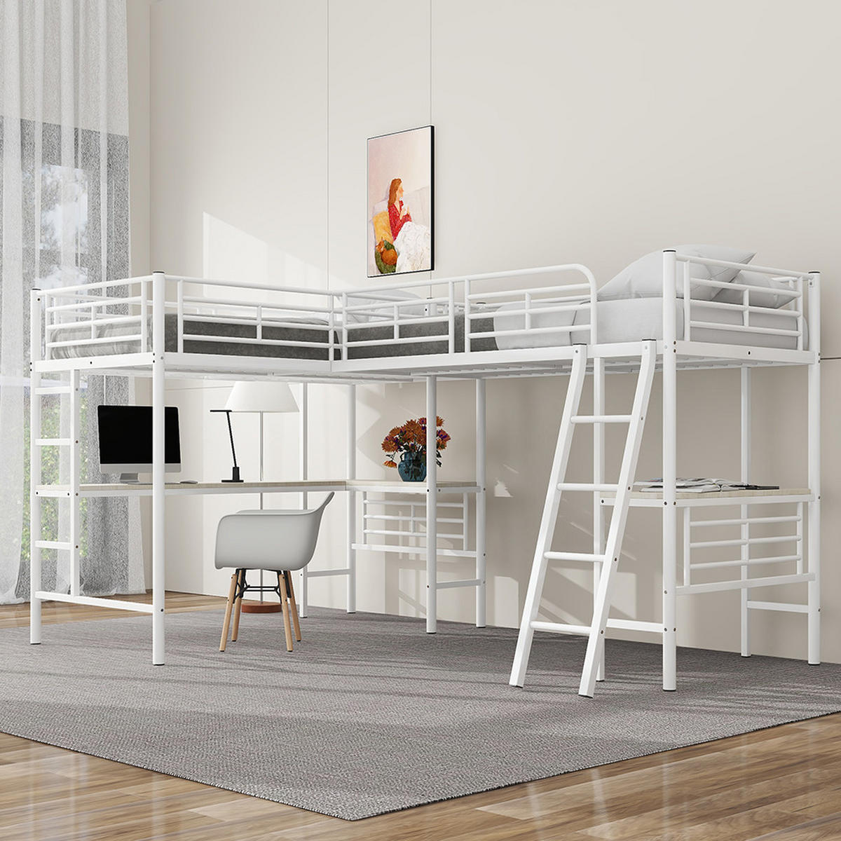 HOCHBETT 90/200 cm in Weiß mit Doppeltreppe - Weiß, Metall (90/200cm) - KOMHTOM