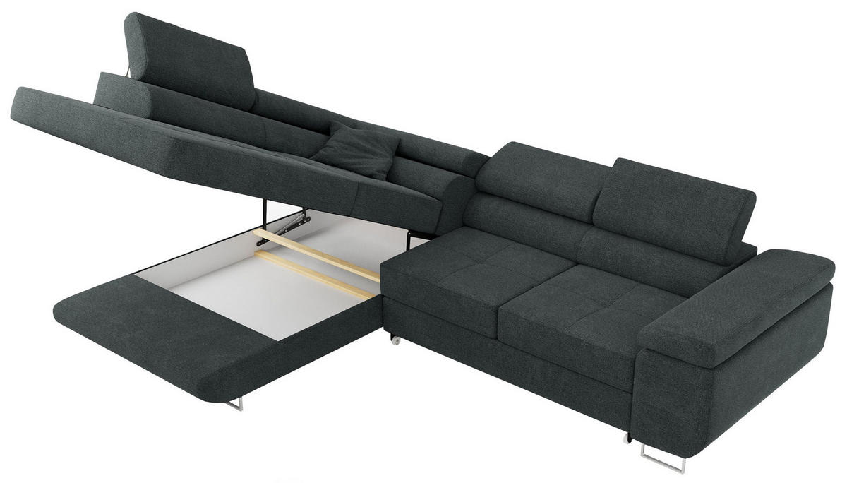 ROHOVÁ SEDAČKA GUSTAW L - Tmavě šedá Strukturovaná látka - Levá Strana - stříbrná/tmavě šedá, kov/textil (275/205cm) - MKS