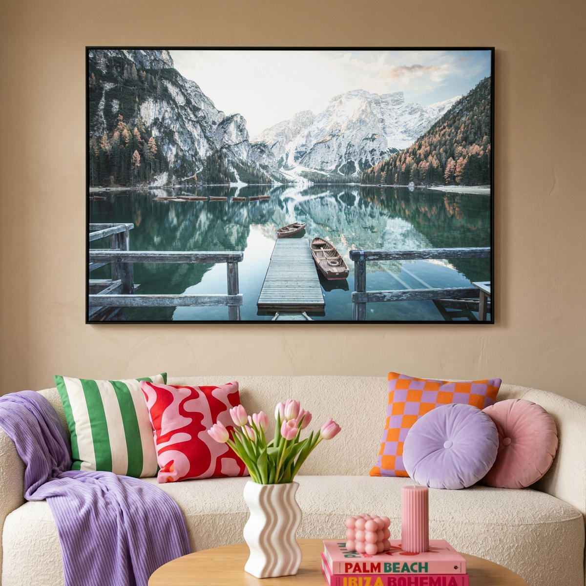 LEINWAND Bilder mit Rahmen - Natur - Berge - Schnee - Wald - Boot - 140x90 - Hellgrün, Textil (140/90cm) - MuchoWow