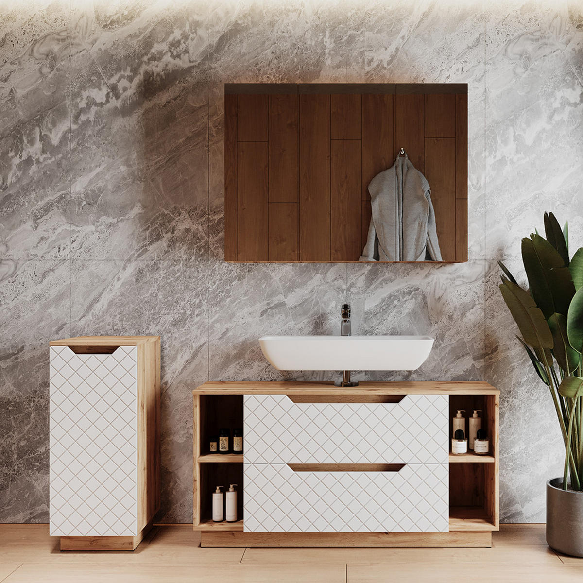 BADMÖBEL-SET Lotta Eiche/Weiß mit Kachelstruktur 3 Teile - Eichefarben/Weiß, Holzwerkstoff (119.2/62.5/35cm) - Vicco