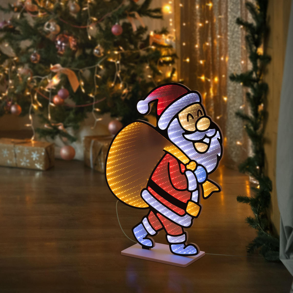 VÁNOČNÍ DEKORACE Santa Claus s pytlem na dárky LED Infinity Mirror 3D efekt s řetězem světel 47x60 cm pro vnitřní použití - různobarevná, plast (47/60/15cm) - ECD-Germany