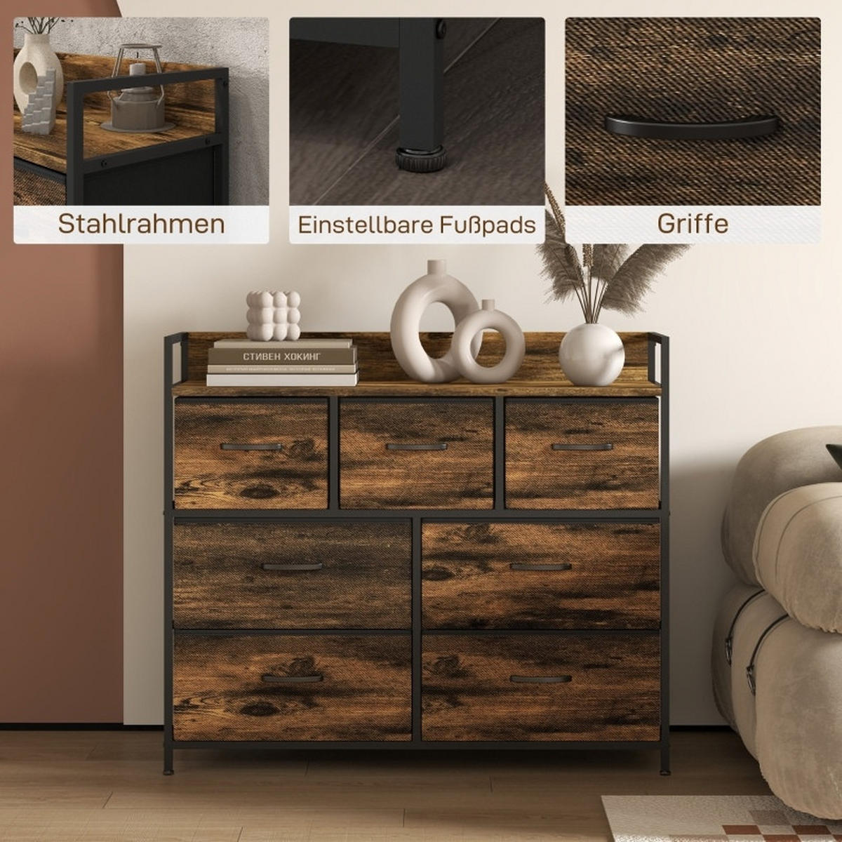 KOMMODE 98/85/29 cm Braun aus Polyester mit 7 Schubladen - Braun, Holzwerkstoff (29/85/98cm) - OKMYHOME