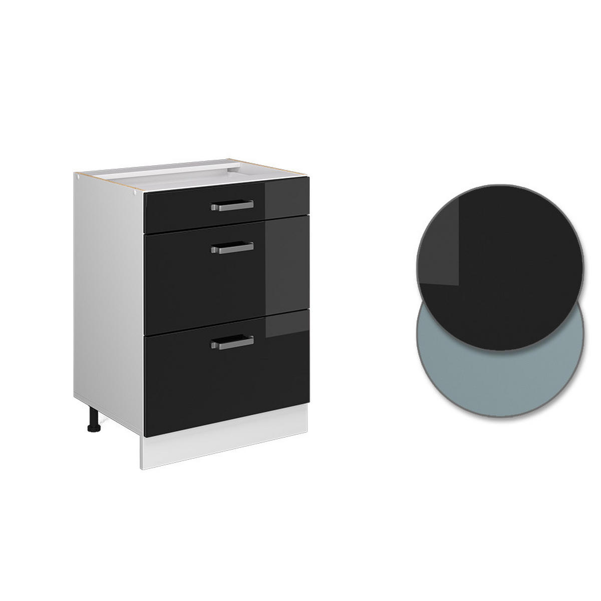 KÜCHENUNTERSCHRANK R-Line Schwarz Hochglanz 60 cm mit Schubladen AP Eiche - Schwarz Hochglanz/Schwarz, Holzwerkstoff (60/81.6/60cm) - Vicco