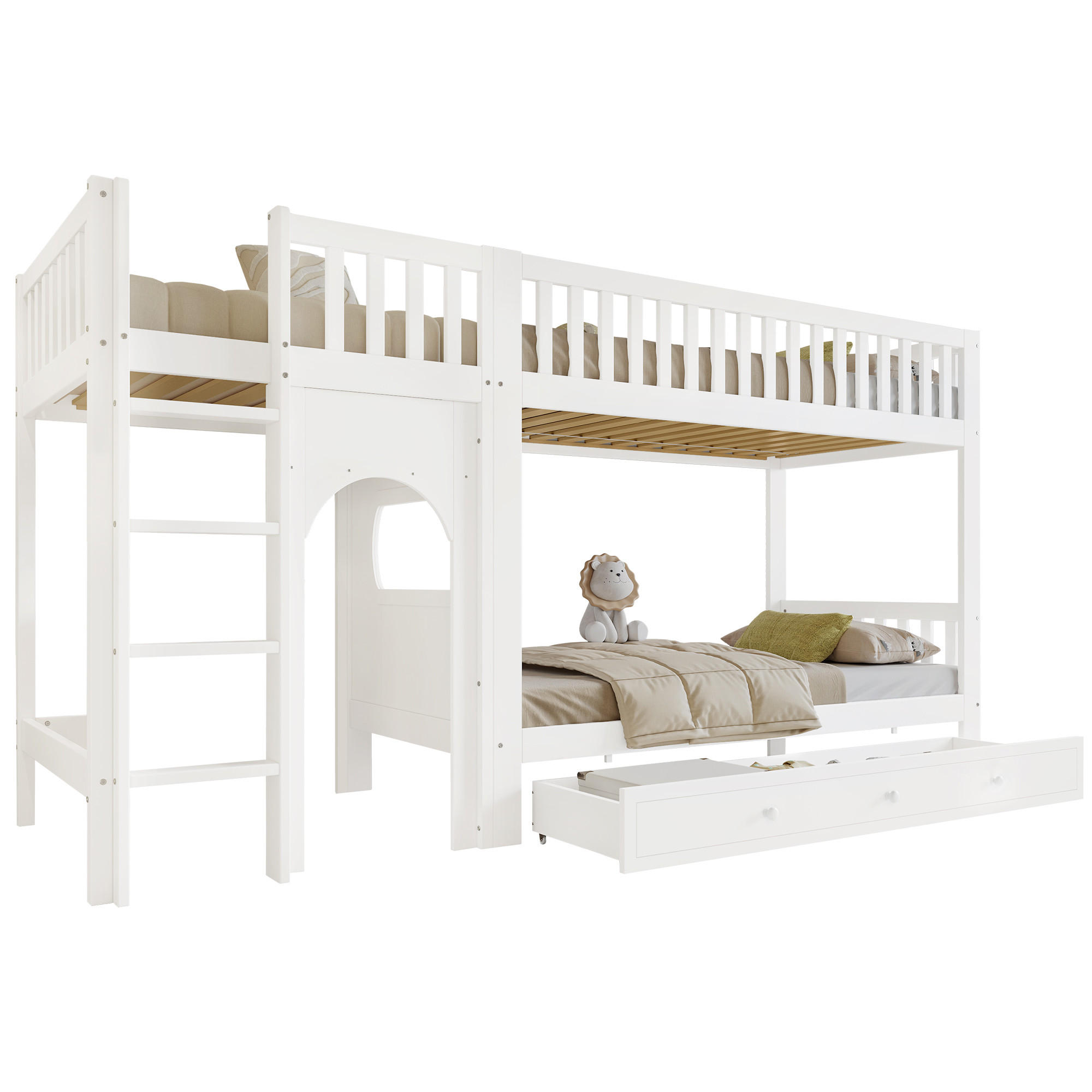 ETAGENBETT 90x200 cm mit Vierstufige gerade Leiter in Weiß - Weiß, Holz (90/200cm) - KOMHTOM