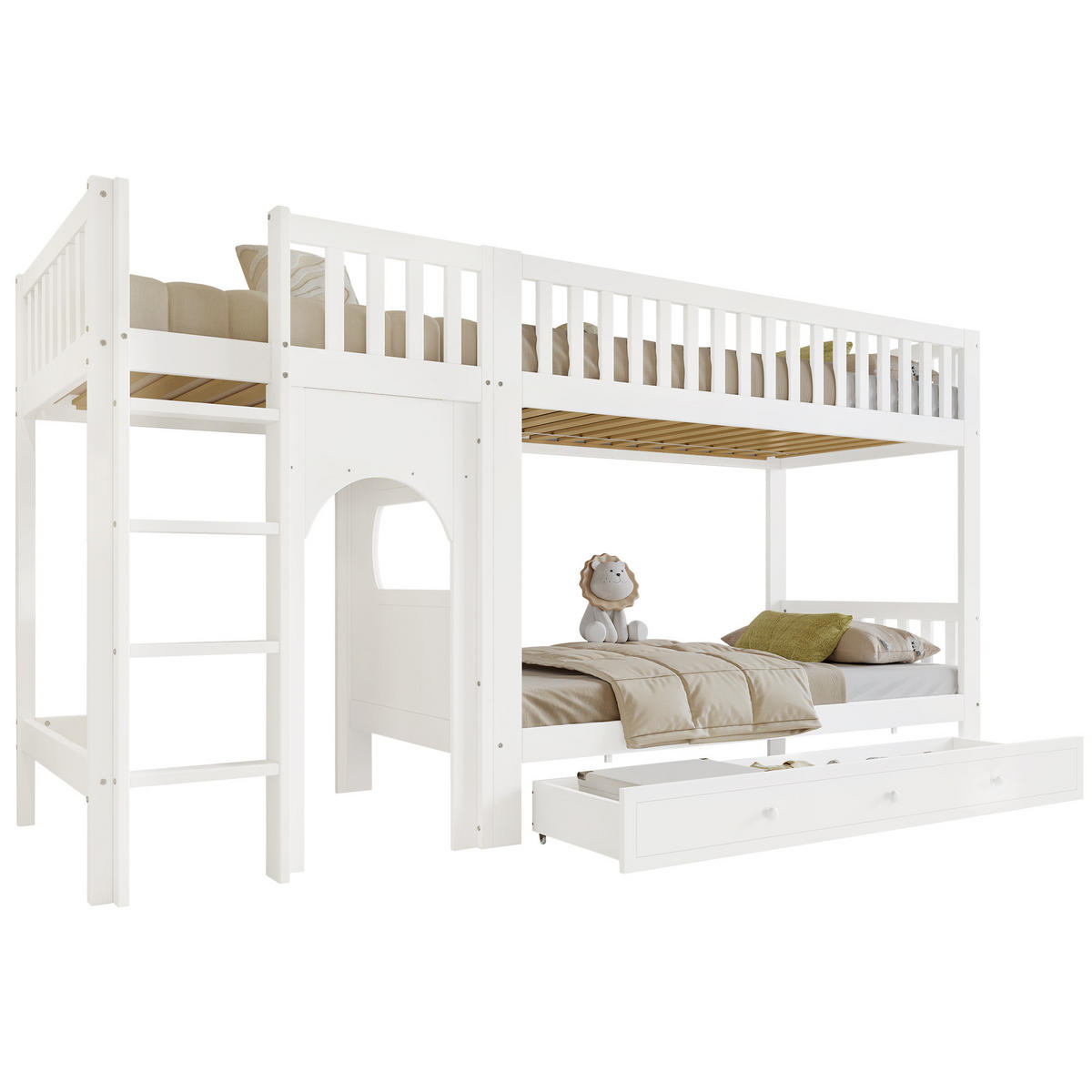 ETAGENBETT 90x200 cm mit Vierstufige gerade Leiter in Weiß - Weiß, Holz (90/200cm) - KOMHTOM