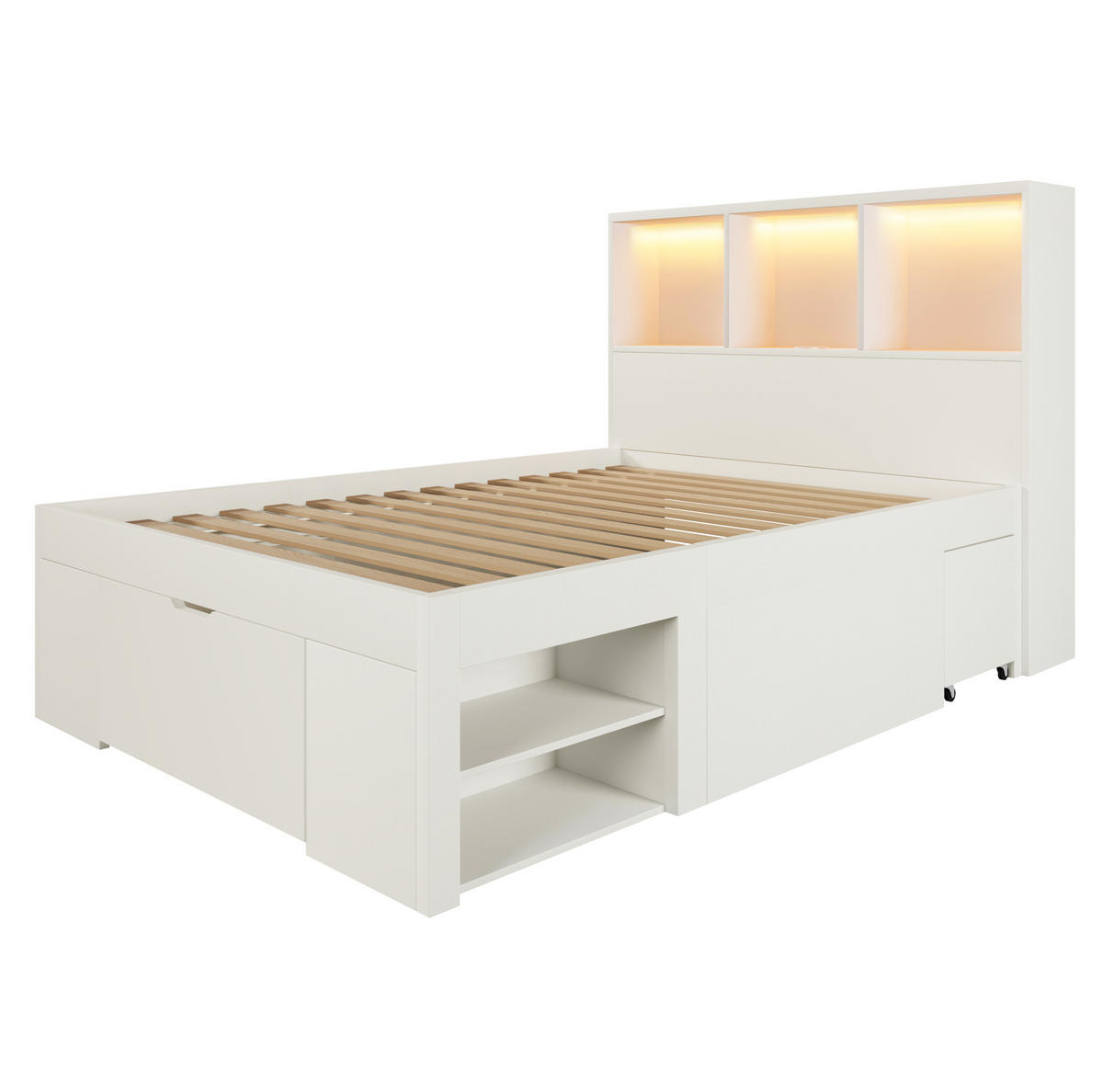 FUNKTIONSBETT 90/200 cm mit LED-Beleuchtung, USB-C, Stauraum und beweglichem Nachttisch aus Holz, Weiß - Weiß, Holzwerkstoff (90/200cm) - Redom