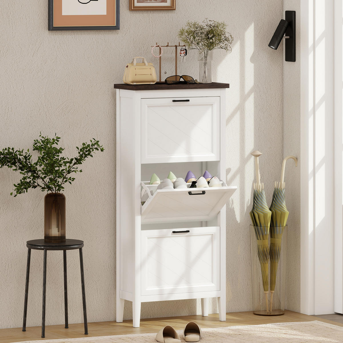 SCHUHSCHRANK Weiß MDF klappbar mit 3 Fächern 1 Stück - Weiß, Holzwerkstoff (60/133.7/26.5cm) - PANGIVO