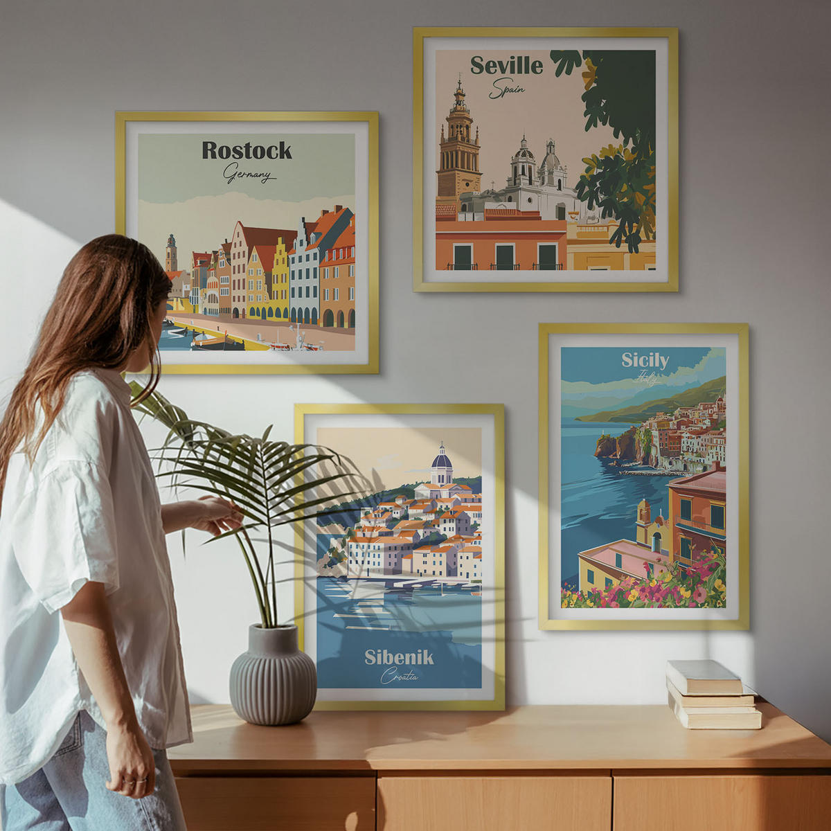 WANDBILDER 4er Set - 50x50 cm & 40x60 cm Goldrahmen - Landschaften europäischer Städte - Goldfarben, Kunststoff (50/50cm) - ArtPrintCave