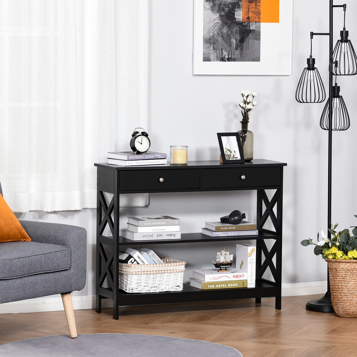 KONSOLENTISCH DE-16749 2 Schubladen + 2 Ablagen, 100 cm Schwarz - Schwarz, Holzwerkstoff (100/30.5/80cm) - ComfortXL