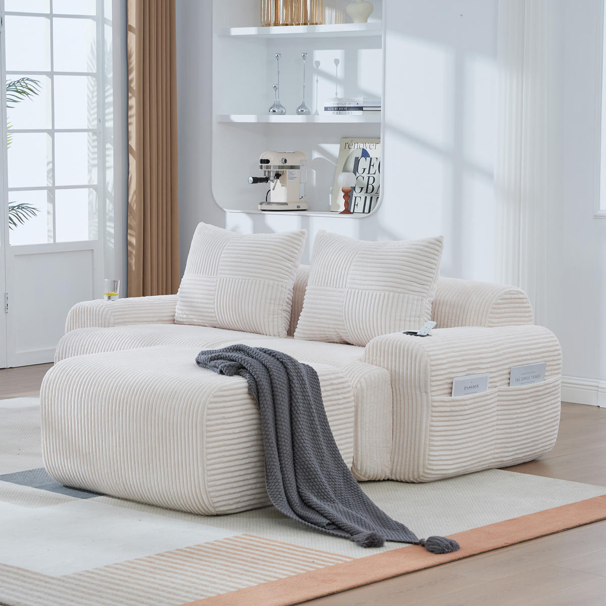 MODULARES 2-Sitzer Sofa Cord mit Getränkehalter und Seitentasche 200/174/80 cm Beige - Beige, Textil (174/200cm) - Redom