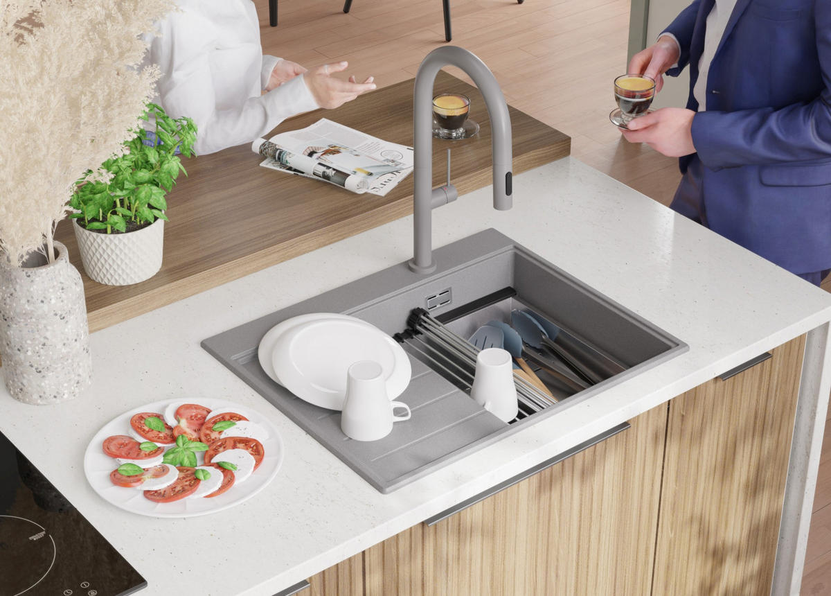 SPÜLBECKEN Sydney, 2-er set Grau 62/50 cm 1 Becken + Ablauf-Set + Küchenzubehörset ab 40er Unterschrank - Chromfarben/Beige, Kunststoff (62/20/50cm) - Primagran