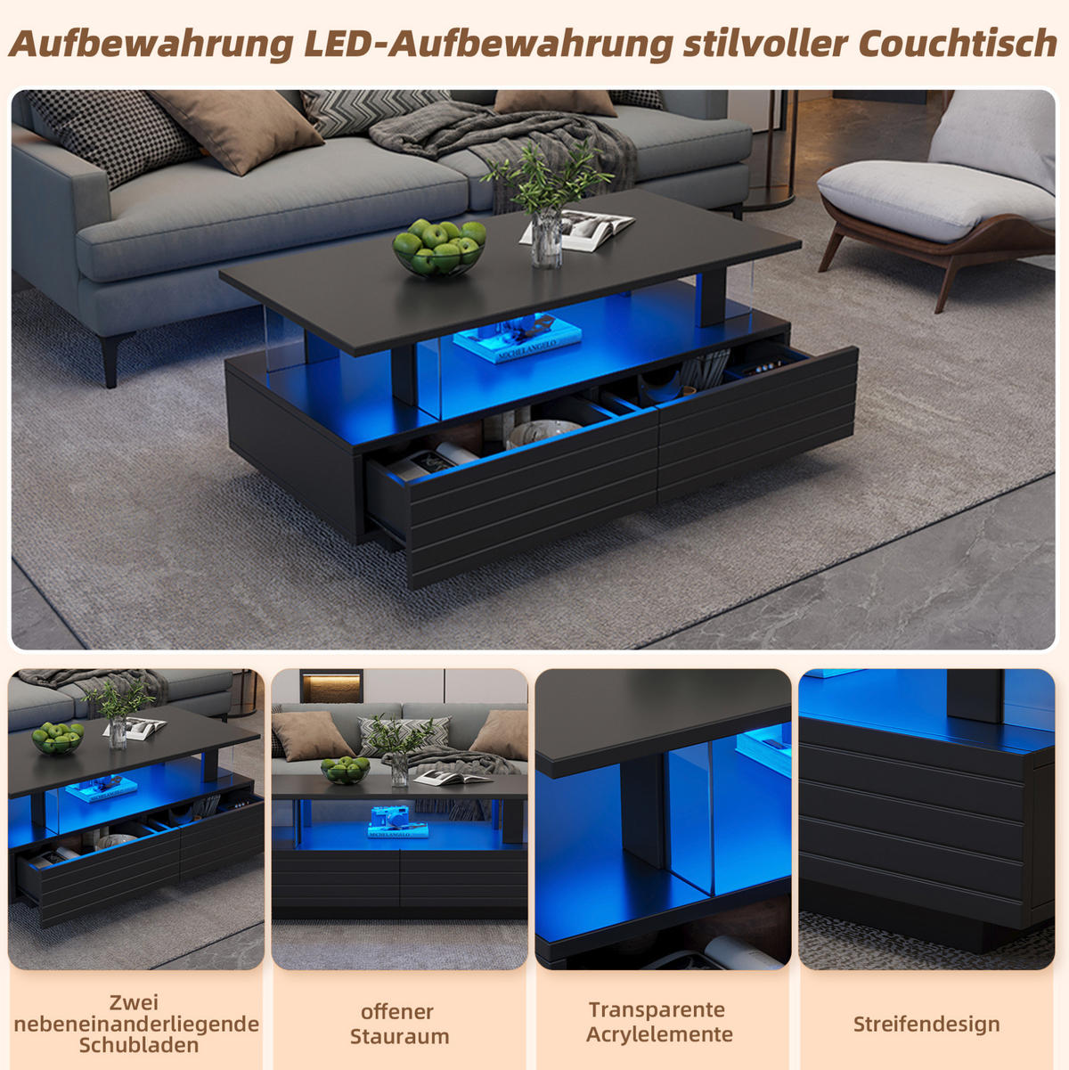 COUCHTISCH 100/50/42 cm schwarz aus Acryl mit Aufbewahrung - Schwarz, Holzwerkstoff (100/50/42cm) - OKMYHOME