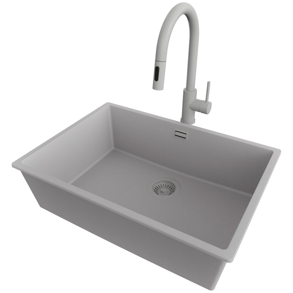 GRANITSPÜLE London Slim, 2-er set Grau 66/47 cm 1 Becken + Küchenarmatur 40/20 cm + Ablauf-Set ab 70er Unterschrank - Grau, Kunststoff (66/20/47cm) - Primagran