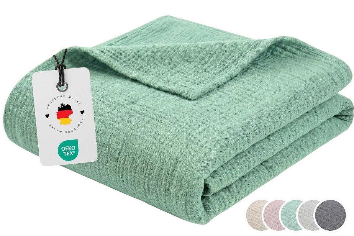 WOHNDECKE Musselin 150 x 200 cm, Leichte Kuscheldecke aus 100% Baumwolle - Als Tagesdecke, Plaid oder Decke für Sofa, Couch & Bett - Salbei Grün - Grün, Textil (150/200cm) - Carpe Sonno