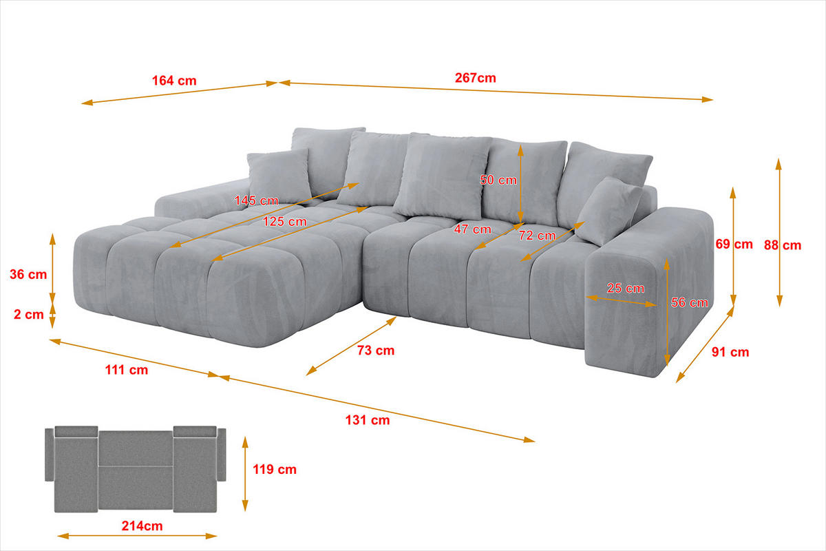ECKSOFA Ottomane Links ENSI-L - 267x164x88 cm Titanfarben - Titanfarben, Holzwerkstoff/Kunststoff (267/164cm) - ALTDECOR