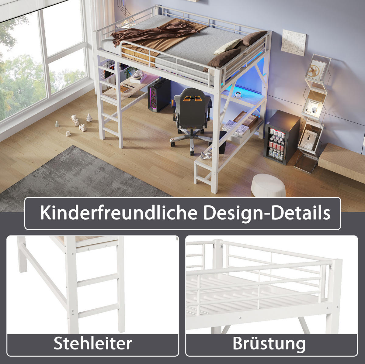 HOCHBETT aus Metall und MDF 160x200 cm Weiß mit Schreibtisch, LED-Leiste und USB-Type-C-Anschluss - Weiß, Metall (160/200cm) - Modfu
