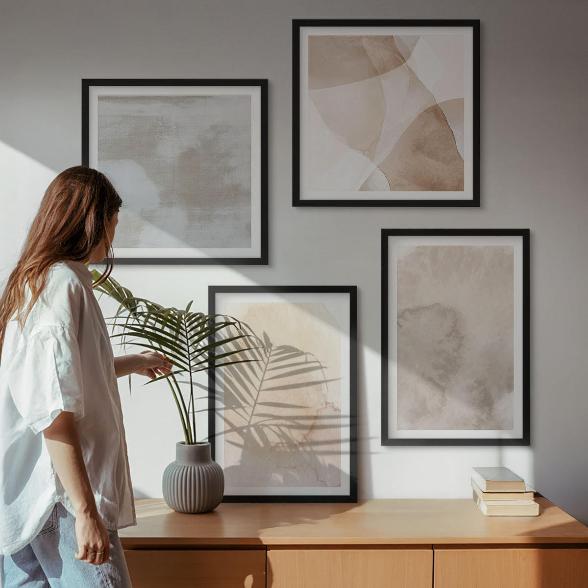 WANDBILDER 4er-Set - 50x50 cm & 40x60 cm Schwarzer Rahmen - Warme Aquarell-Pastelltexturen - Schwarz, Kunststoff (50/50cm) - ArtPrintCave