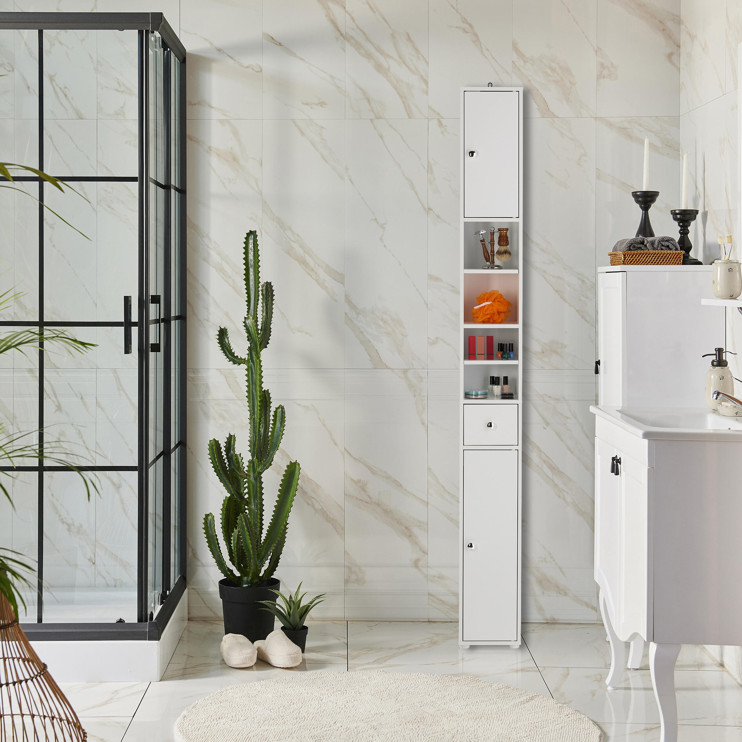 BADEZIMMERSCHRANK - Naturfarben/Weiß, Holzwerkstoff (20/180/20cm) - Relaxdays