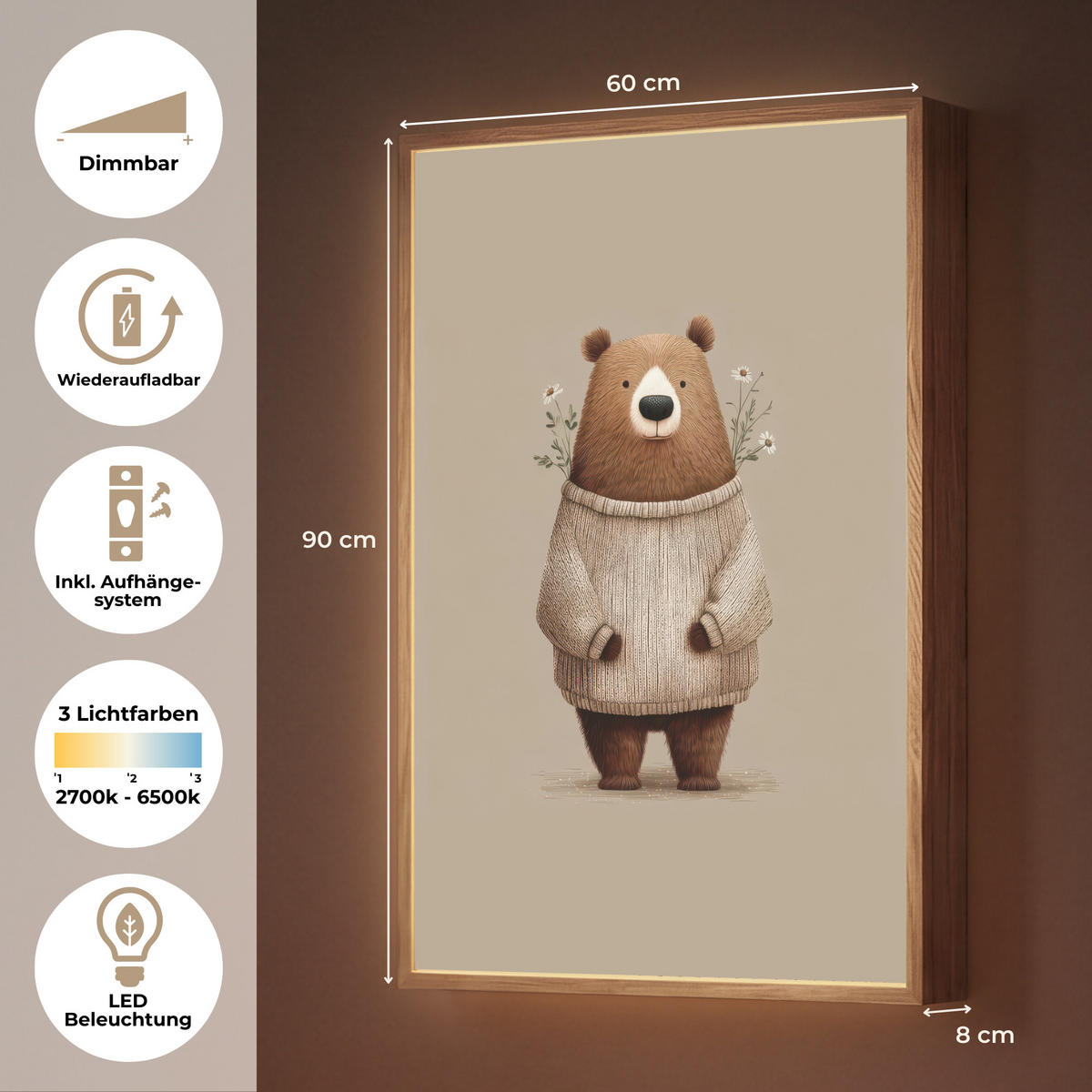 NÁSTĚNNÁ LAMPA S AKUMULÁTOREM Medvěd - Bílé květy - Cosy 60x90 cm - šedohnědá, kompozitní dřevo (60/90/8cm) - OnlyWow