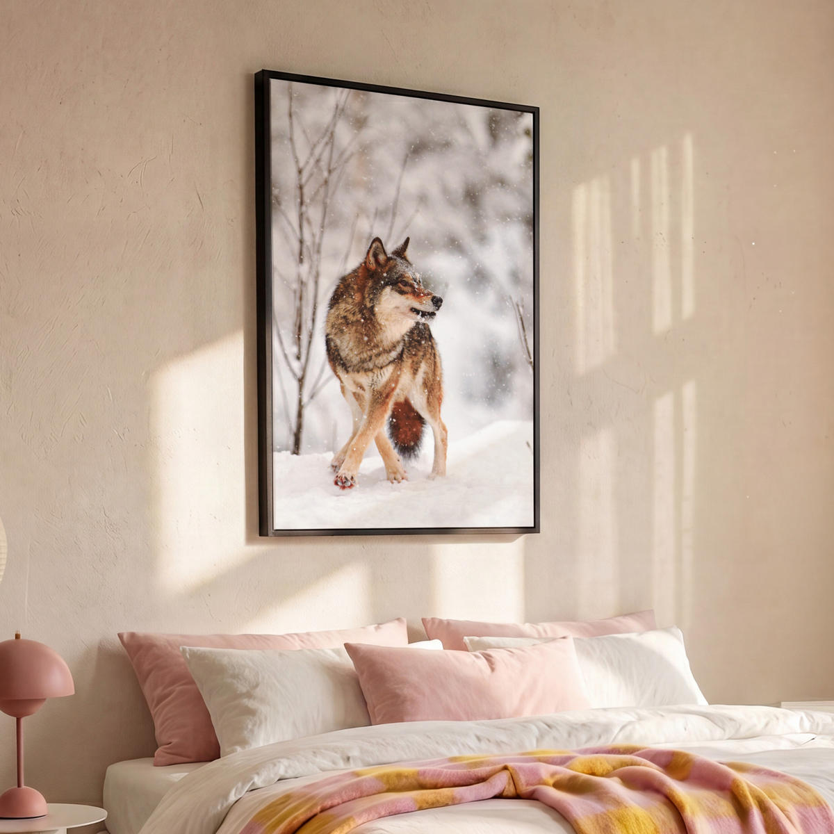 LEINWAND Bilder mit Rahmen - Wolf - Winter - Schnee - Natur - Tiere - 100x150 - Haselnussfarben, Textil (100/150cm) - MuchoWow