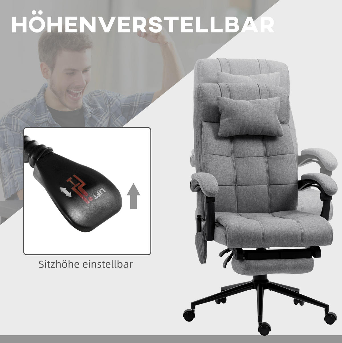 BÜROSTUHL mit Massagefunktion höhenverstellbar Grau - Grau, Kunststoff (76/120/66cm) - Meubliv