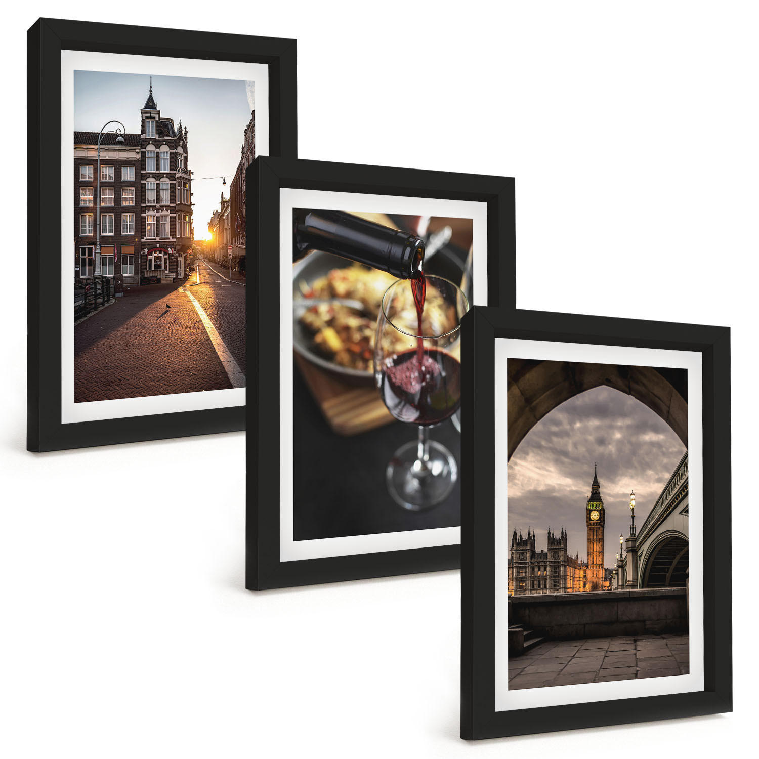 BILDER SET 3er Set - 20x30 cm Schwarzer Rahmen - Bilder von Essen in der Stadt London - Schwarz, Kunststoff (20/30cm) - TULUP