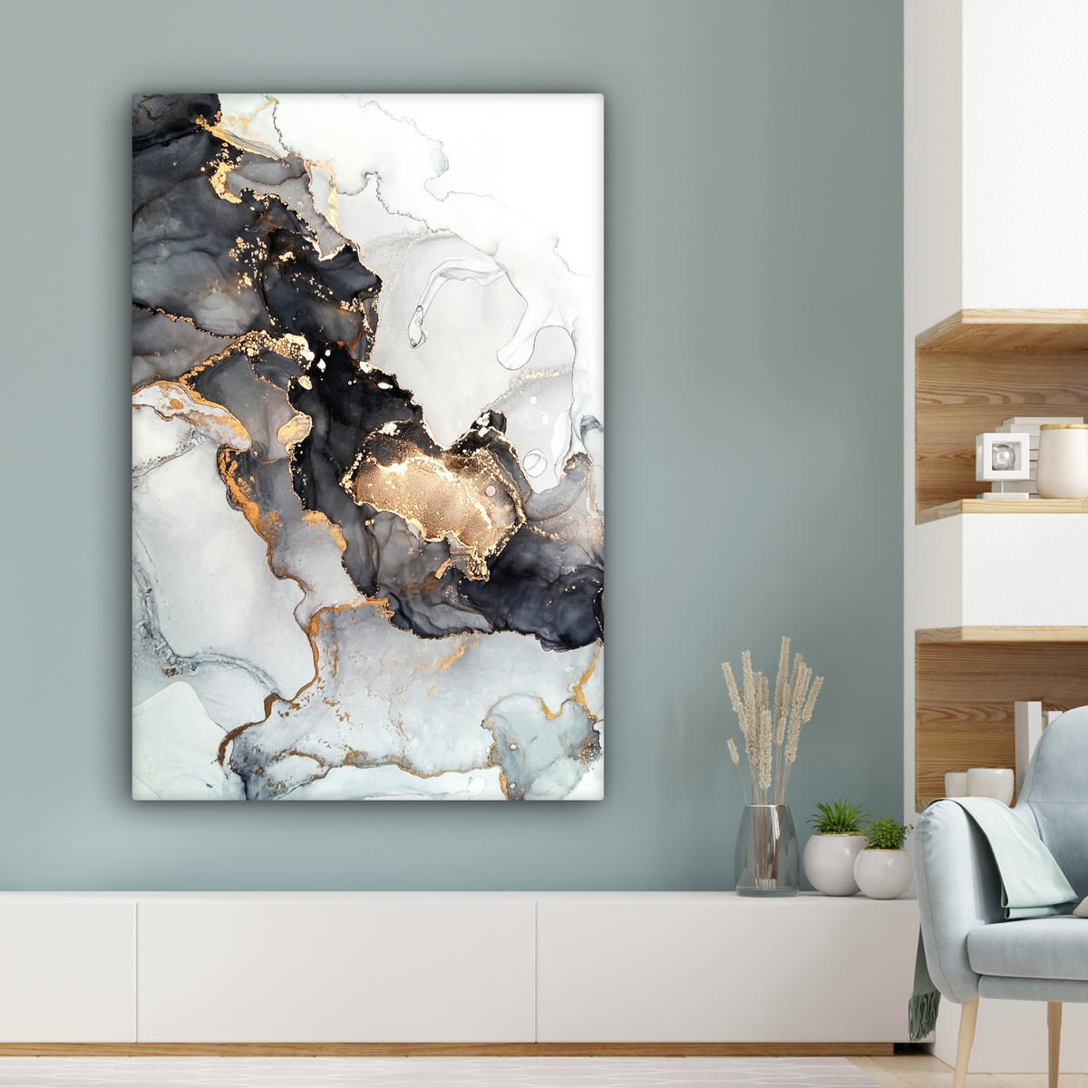 LEINWANDBILD Marmor - Schwarz - Weiß - Gold - Luxus - Abstrakt Deko Groß 90x140 cm - Goldfarben, Textil (90/140cm) - MuchoWow