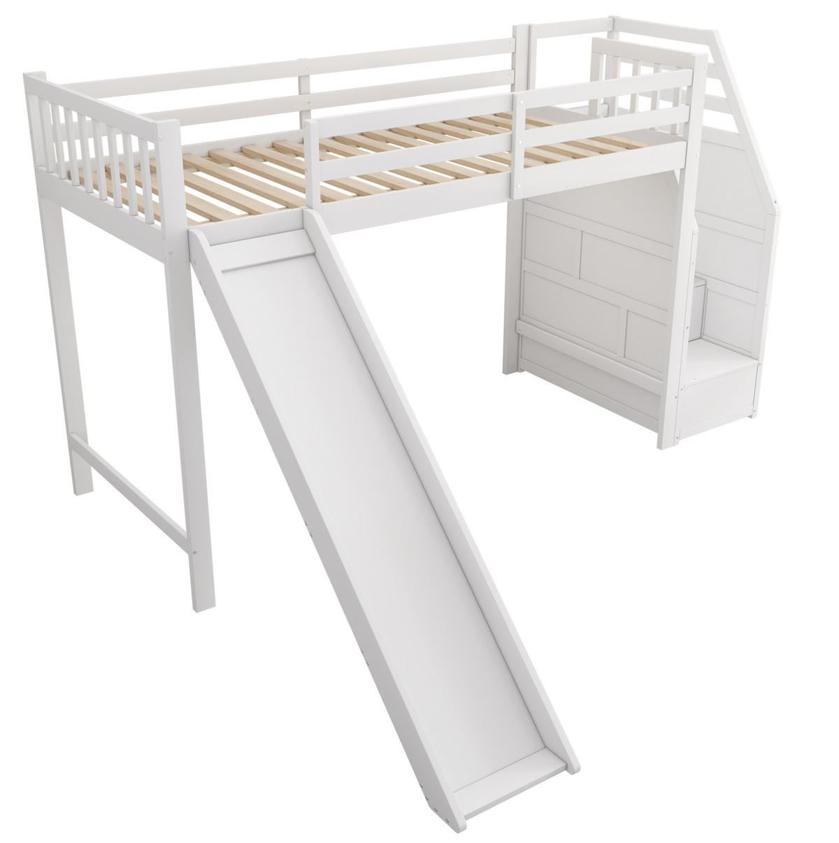 KATNI krevet od borovine i MDF-a 90x200 cm bijeli s toboganom, spremišnim stubama i EN747 certifikatom - bijela, drvni materijal (90/200cm) - Modfu