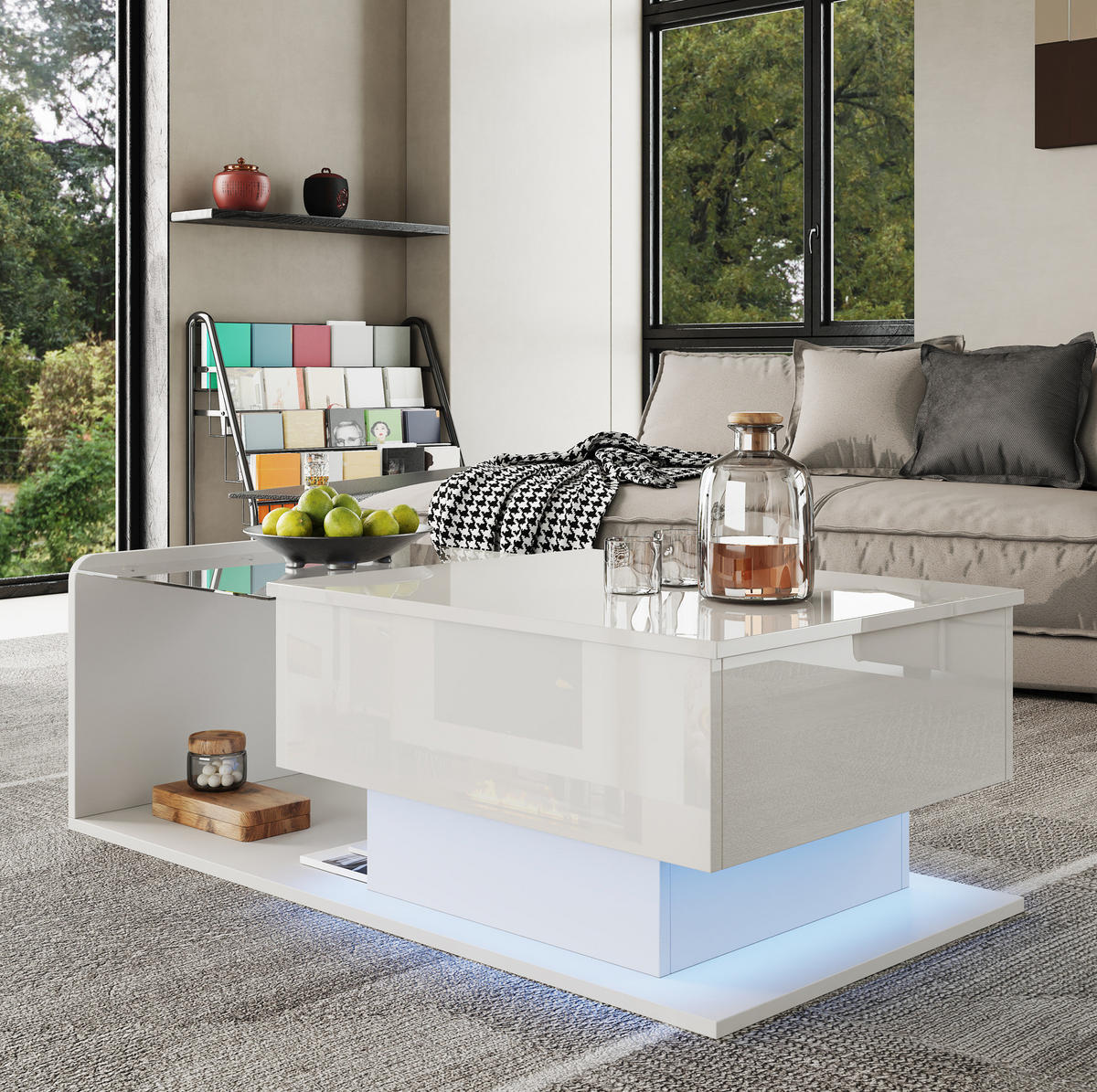 COUCHTISCH höhenverstellbar 100 x 50 cm Hochglanz White mit Glasplatte - Weiß, Holzwerkstoff (100/50/47.5cm) - Meubliv