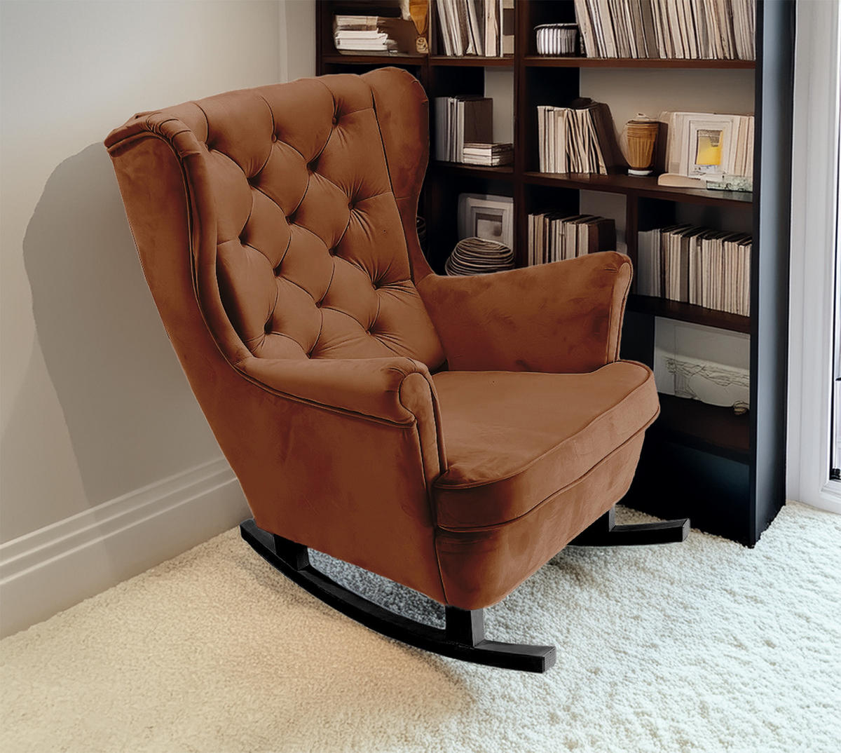 SCHAUKELSESSEL mit gepolstertem Sitz und Armlehnen, 102x81x95 cm, Dunkelbraun_29828 - Schwarz/Haselnussfarben, Holz/Textil (81/102/95cm) - DomoHome