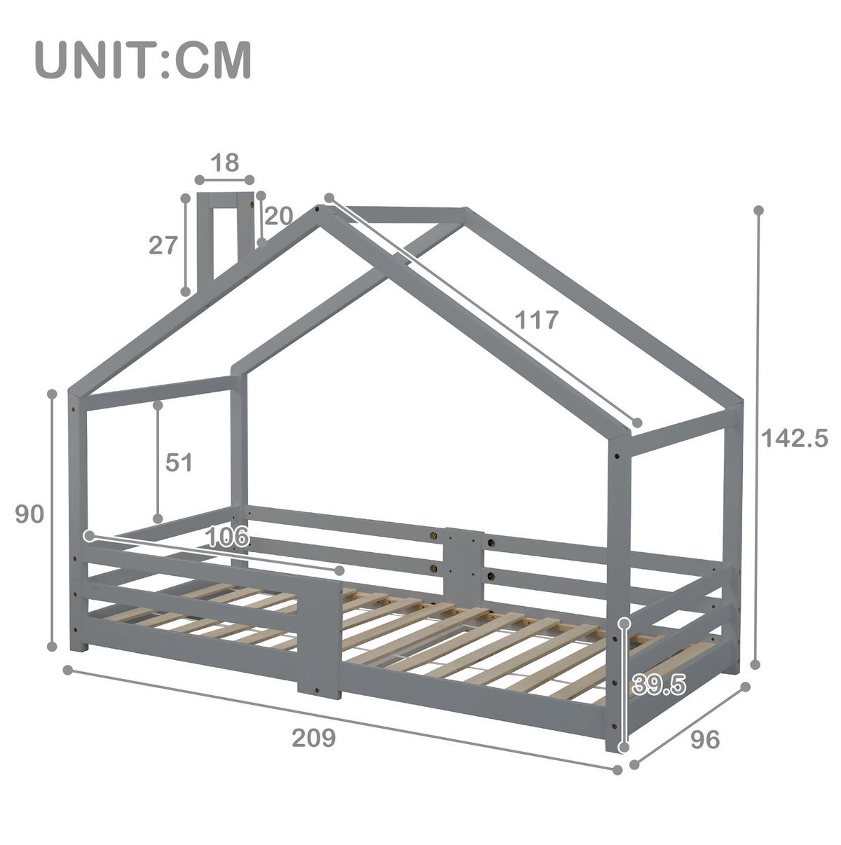 HAUSBETT 90/200 cm grau aus Kiefernholz mit Rausfallschutz - Grau, Holz (90/200cm) - OKWISH