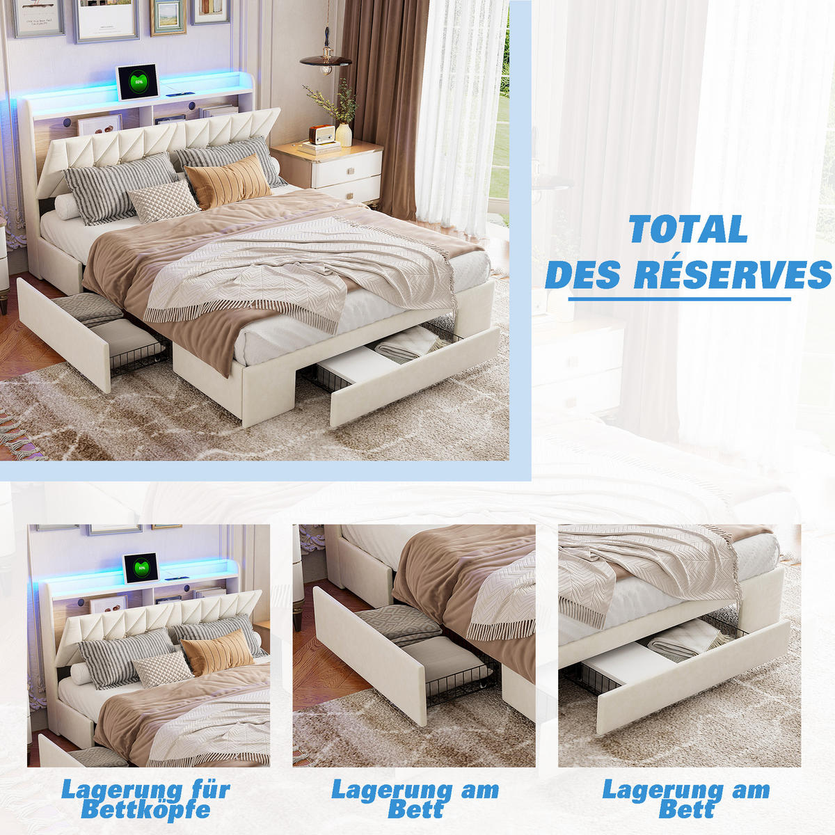 POLSTERBETT 160x200 Beige Samt LED USB - Weiß, Metall - SHOPENTRA