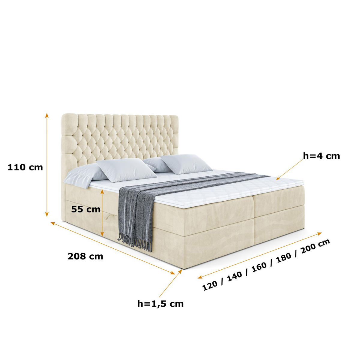 BOXBETT mit Matratze H4 und Lattenrost - SERENE - 140x200 - H4 - Beige - Beige, Holzwerkstoff (140/200cm) - ALTDECOR