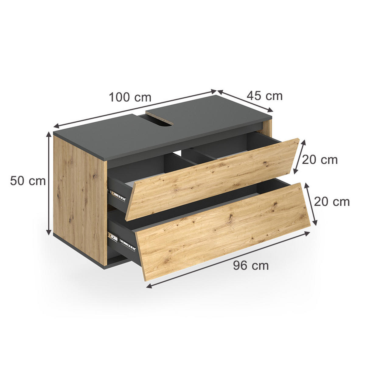 WASCHBECKENUNTERSCHRANK Edelin Anthrazit/Artisan 100 x 50 cm mit 2 Schubladen - Anthrazit/Eiche Artisan, Holzwerkstoff (100/50/45cm) - Vicco