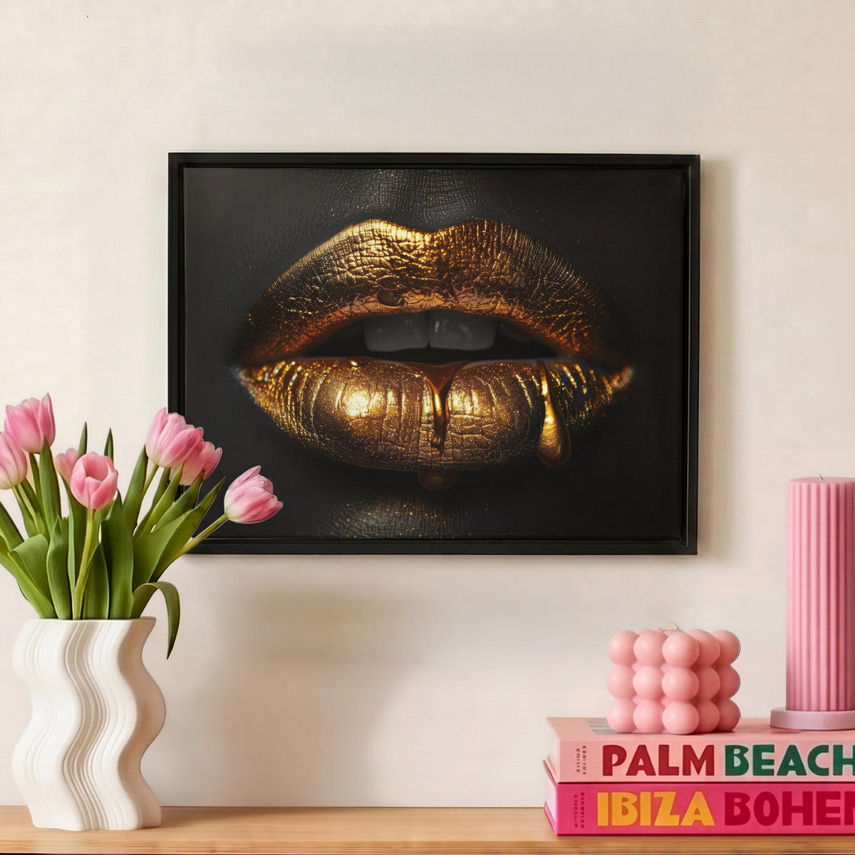 LEINWAND Bilder mit Rahmen - Frau - Porträt - Lippen - Gold - Schwarz - 40x30 - Schwarz, Textil (40/30cm) - MuchoWow
